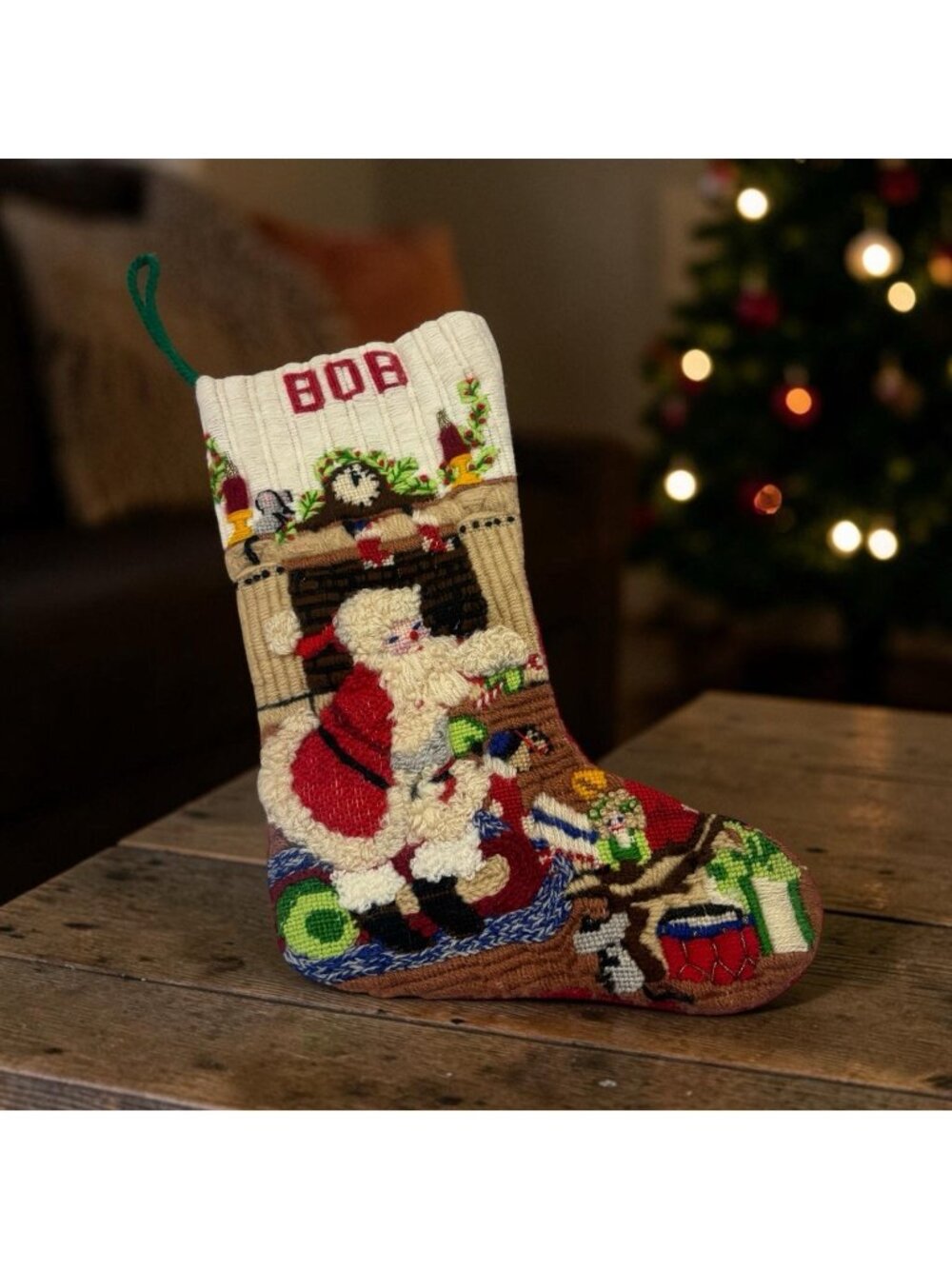 Vintage Handmade Christmas Stocking Bob Crewel Needlepoint Santa Clause